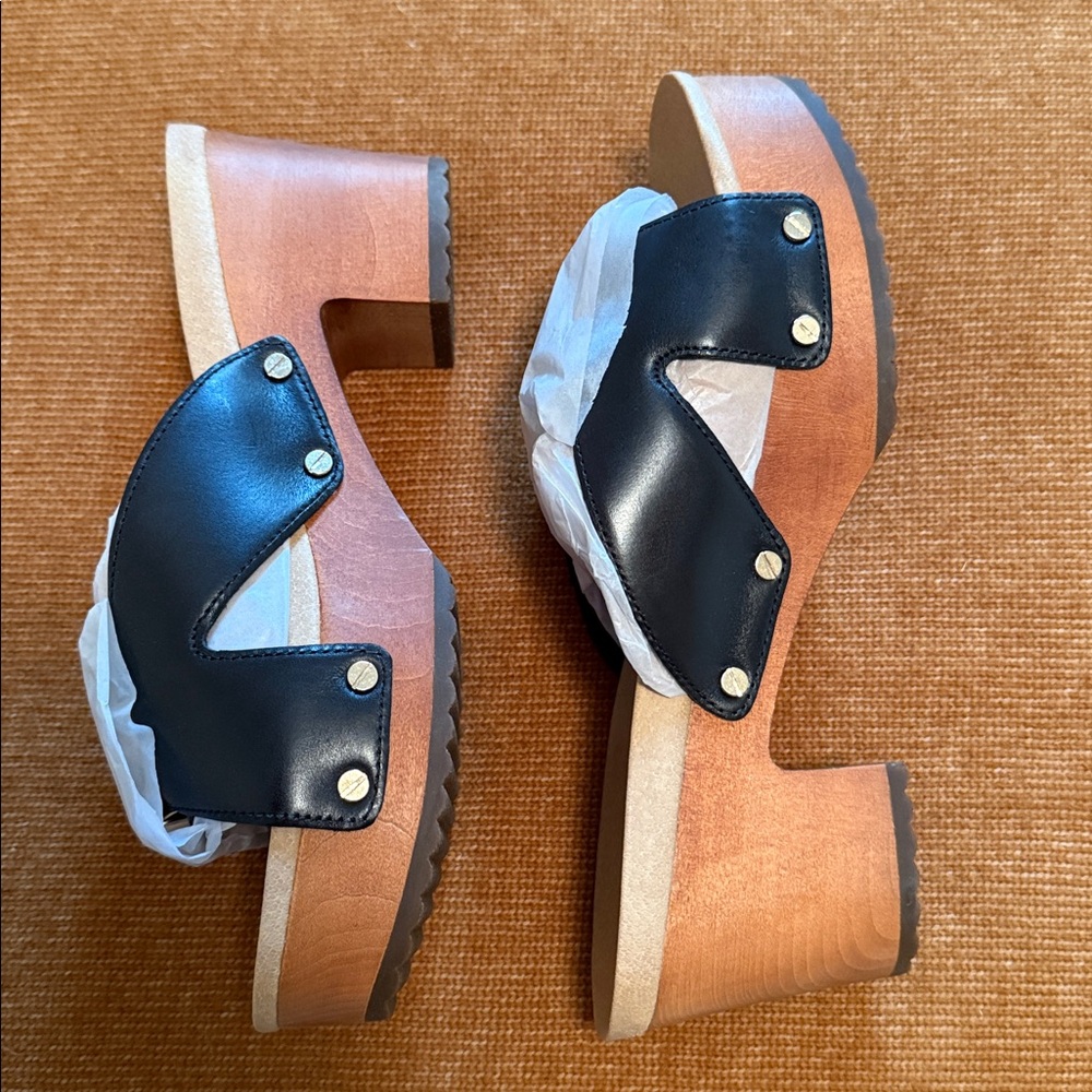 Dr. Scholl's Original Max Too, Black Lea, Leather Platform Clog Sandal Wood Sole - Picture 6 of 8